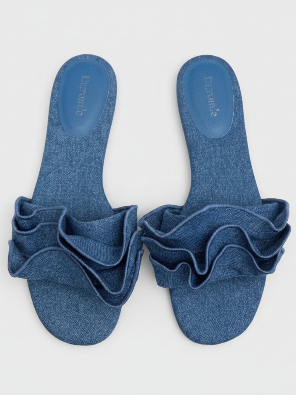 Larroudé Denim Ruffle Slide Sandals Size 8.5 | Women's Designer Flat Slides